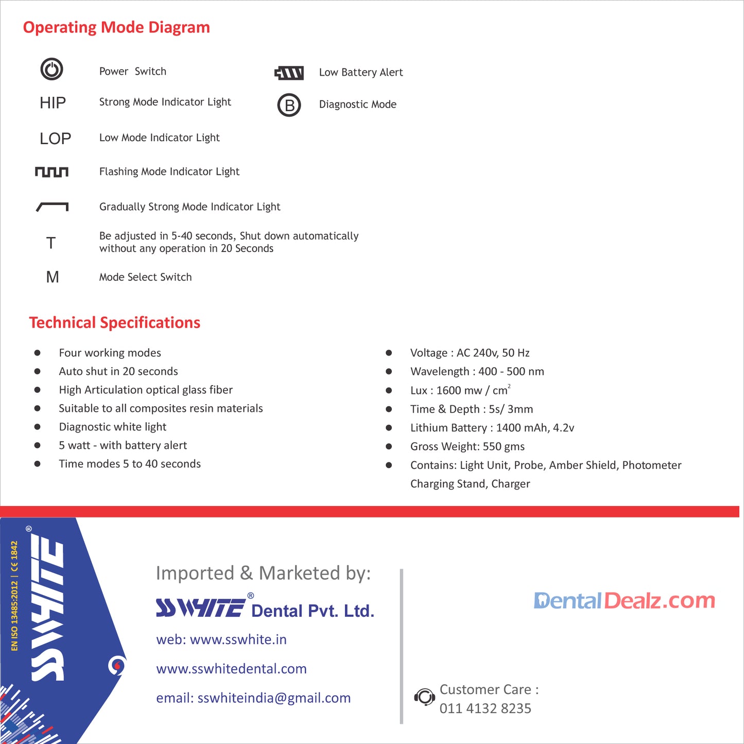 Led Curing Light (Dual) & Diagnostic White Light Unit With Photo Meter "Wireless" SS WHITE