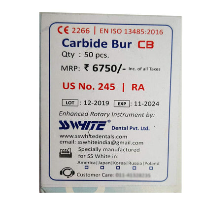SS WHITE -Carbide Bur US No. 245 | RA Strip of 5 Burs, Dental Carbide Burs