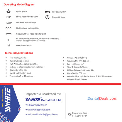 Led Curing Light (Dual) & Diagnostic White Light Unit With Photo Meter "Wireless"  SS WHITE