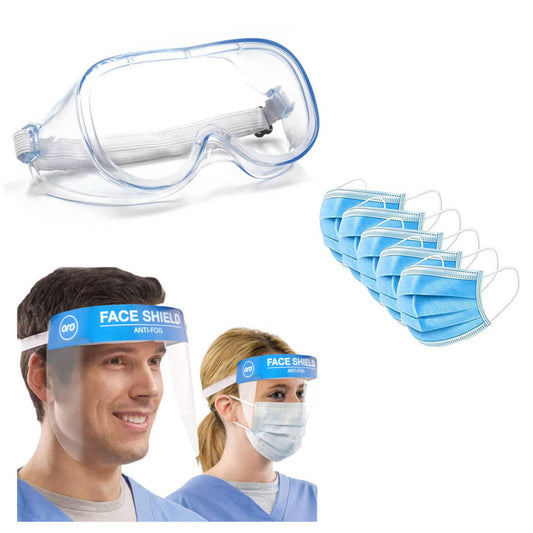 Medical Safety Goggles Eye Protection , Mouth Mask Respirator 3ply With Nose Pin , Full Face Shield Anti-Fog , Medical PPE Kit