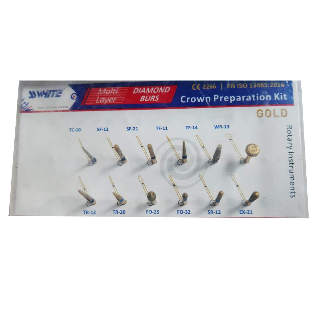 SS WHITE- Dental Crown And Bridge Preparation Kit of 12pcs, Diamond Burs kit Gold, Dental Rotary Instruments