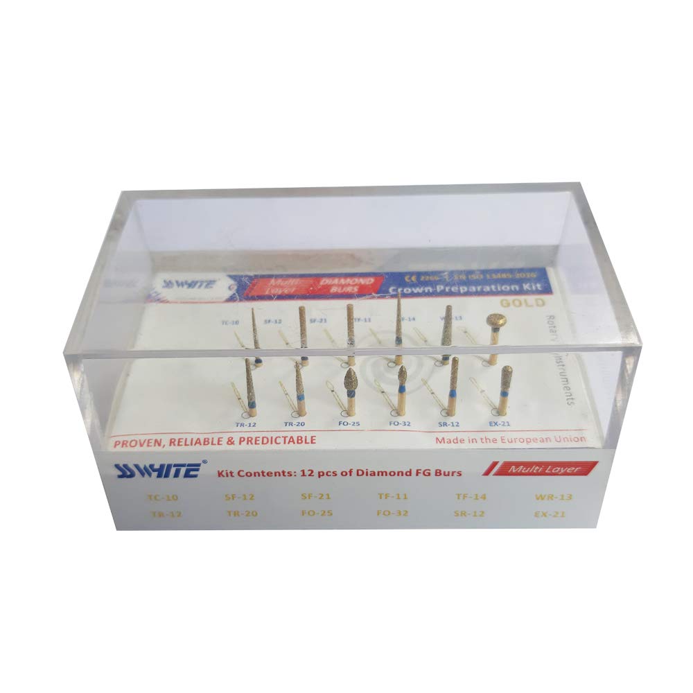 SS WHITE- Dental Crown And Bridge Preparation Kit of 12pcs, Diamond Burs kit Gold, Dental Rotary Instruments