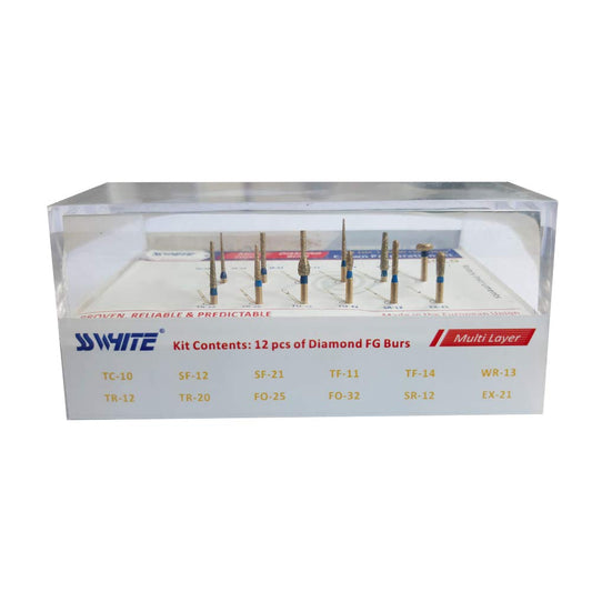 SS WHITE- Dental Crown And Bridge Preparation Kit of 12pcs, Diamond Burs kit Gold, Dental Rotary Instruments